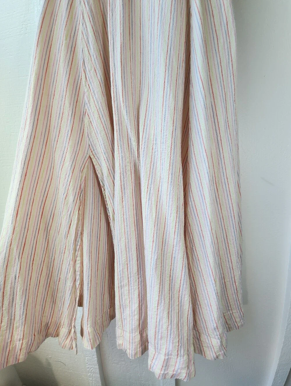 Free People Sunshine Eyes Linen Midi Dress Cream Stripe Puff-Sleeve Size XS